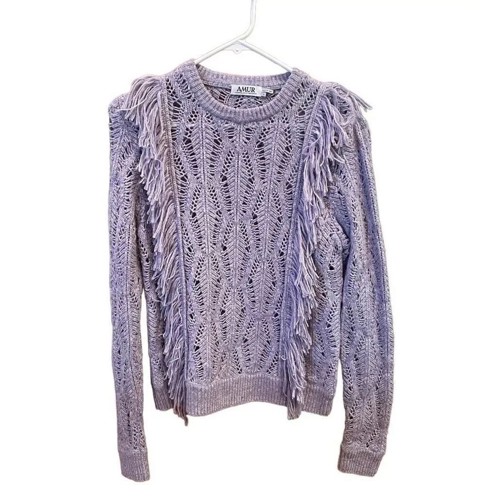 Amur Womens Carla Sweater L Purple Lilac Fringe Chunky Knit Wool Blend